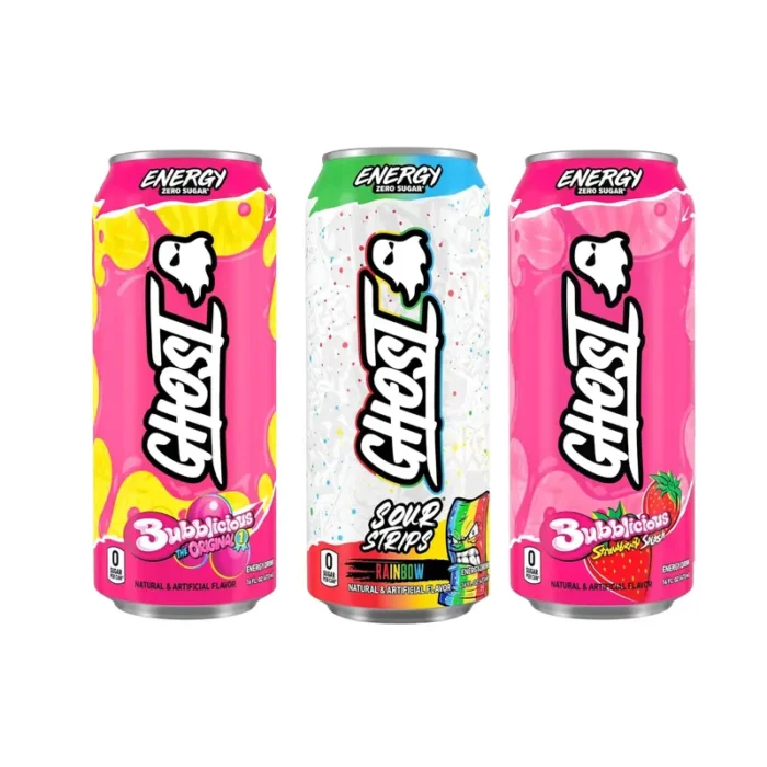 GHOST Energy Drink Variety Pack, Sour Strips Rainbow, Bubblicious Original, Bubblicious Strawberry Splash, 16 oz Cans, 6 Count