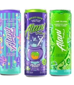 Alani Nu Energy Drink Variety Pack, Witch's Brew, Purple Cotton Candy, Lime Slush, 200mg Caffeine, 12 fl oz Cans, 6 Count
