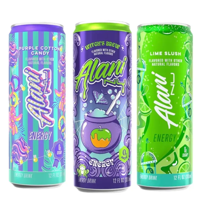 Alani Nu Energy Drink Variety Pack, Witch's Brew, Purple Cotton Candy, Lime Slush, 200mg Caffeine, 12 fl oz Cans, 6 Count