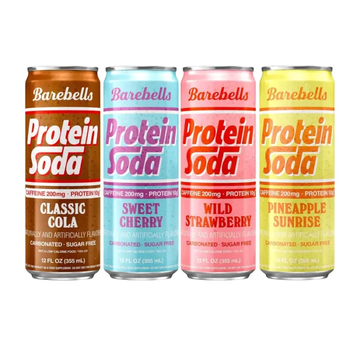 Barebells Protein Soda Variety Pack, Sweet Cherry, Wild Strawberry, Pineapple Sunrise, Classic Cola, 12 fl oz Cans, 12 Count