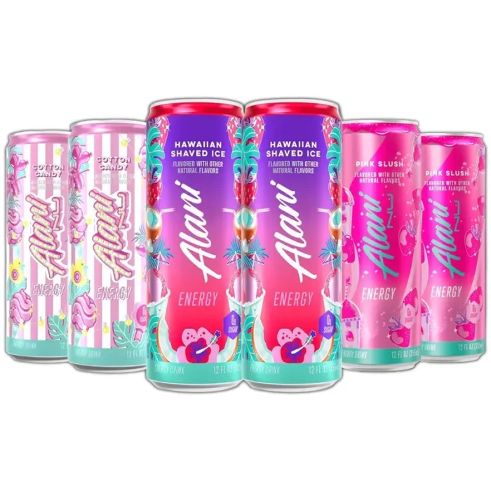Alani Nu Energy Drink Variety Pack, Cotton Candy, Hawaiian Shaved Ice, Pink Slush, 200mg Caffeine, 12 fl oz Cans, 6 Count