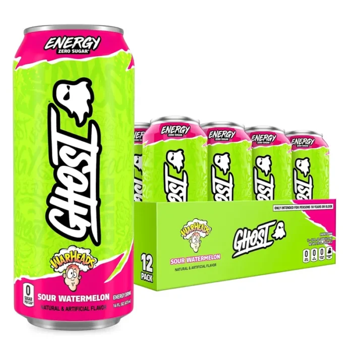 GHOST Energy Drink, Warheads Sour Watermelon Flavor, 200mg Caffeine, Zero Sugar, 16 oz Cans, 12-Pack