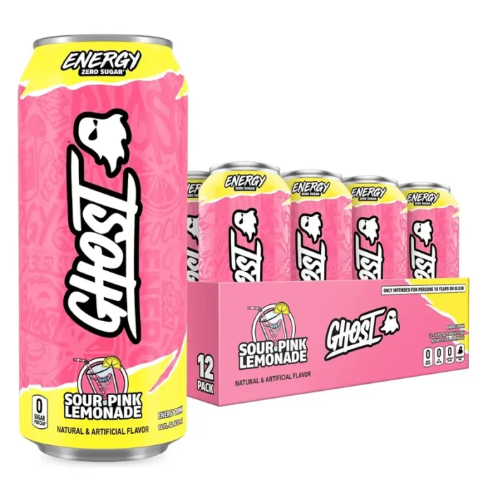 GHOST Energy Drink, Sour Pink Lemonade Flavor, 200mg Caffeine, Zero Sugar, 16 oz Cans, 12-Pack