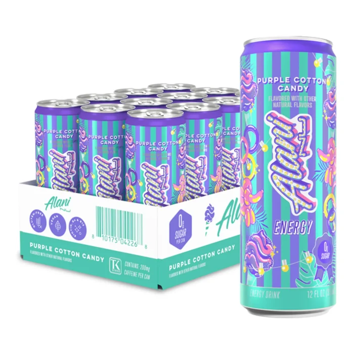 Alani Nu Purple Cotton Candy Sport Energy Drink, Sugar-Free, Low-Calorie, 12 fl oz Cans, 12 Count