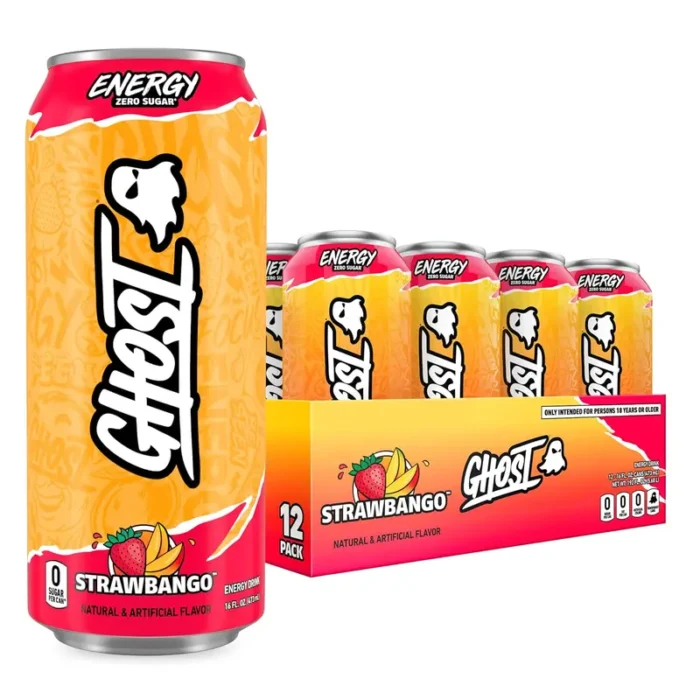 GHOST Energy Drink, Strawbango Flavor, 200mg Caffeine, Zero Sugar, 16 oz Cans, 12-Pack