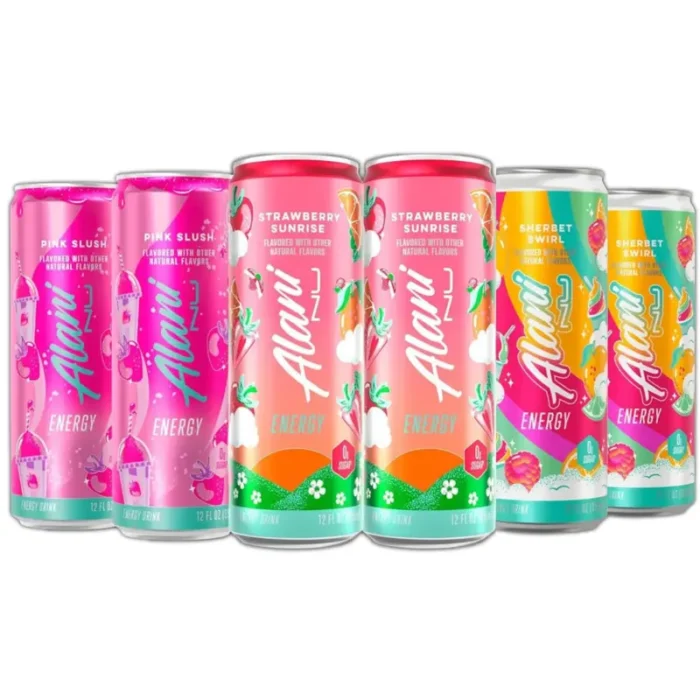 Alani Sugar-Free Low-Calorie Energy Drink Variety Pack, Strawberry Sunrise, Sherbet Swirl, Pink Slush, 12 fl oz Cans, 6 Count