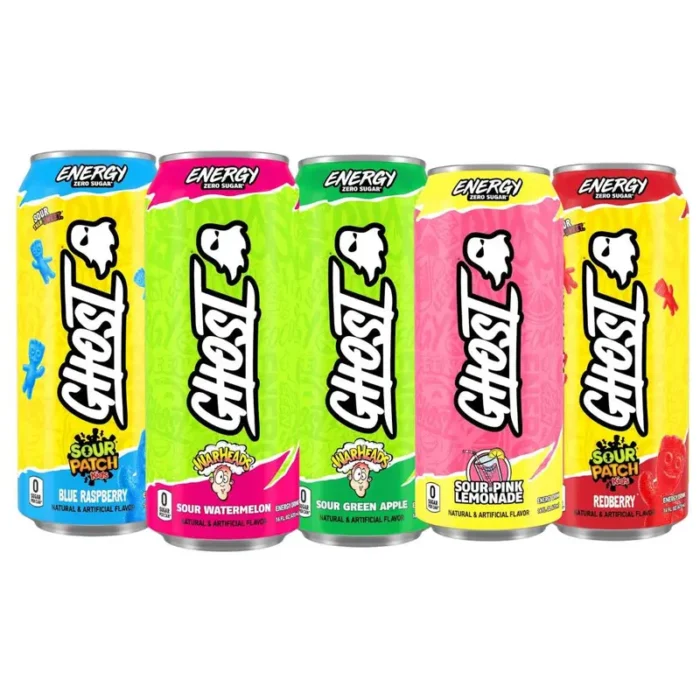 GHOST Caffeinated Energy Drink Variety Pack, 5 Sour Flavors, Blue Raspberry, Sour Watermelon, Sour Green Apple, Sour Pink Lemonade, Redberry, 16 oz Cans, 10 Count