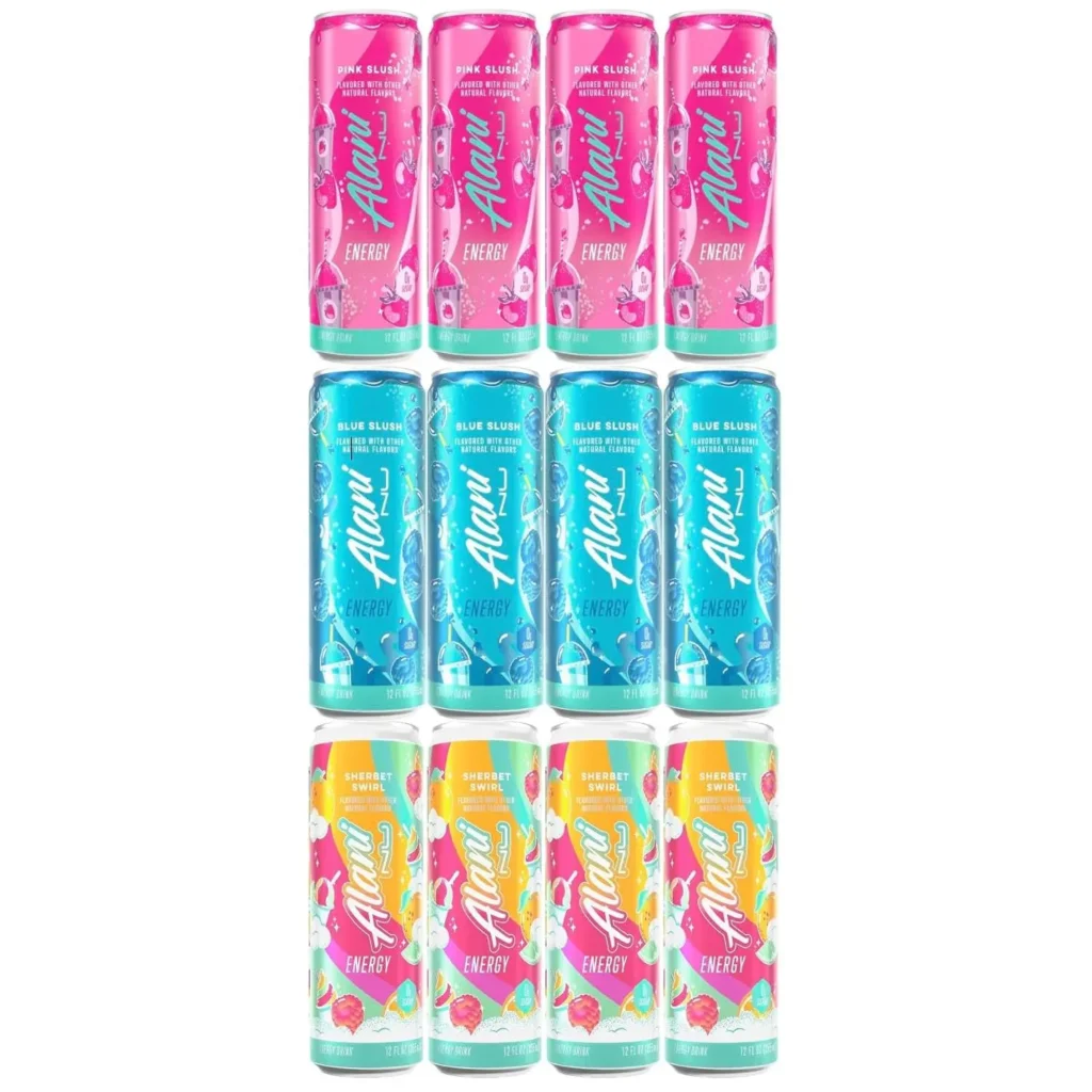 Alani Nu energy drink variety pack with Blue Slush, Pink Slush and Sherbet Swirl