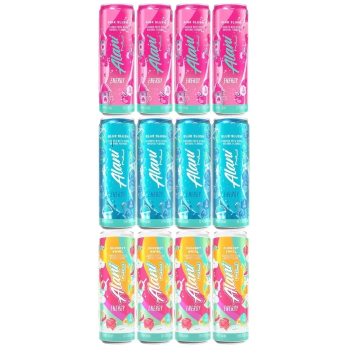 Alani Energy Drink Variety Pack, Blue Slush, Pink Slush, Sherbet Swirl, 12 fl oz Cans, 12 Count