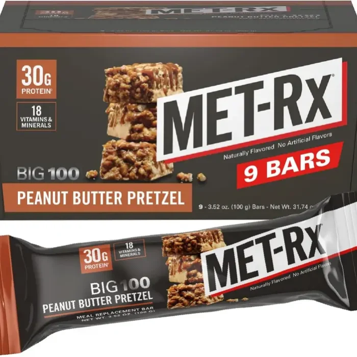 MET-Rx Big 100 Colossal Protein Bars, Peanut Butter Pretzel, 30g Protein, Meal Replacement, 9 Count