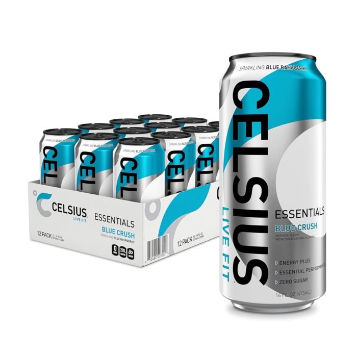 Celsius Essentials Sparkling Blue Crush Sugar-Free Energy Drink, 270mg Caffeine, 16 fl oz Cans, 12-Pack