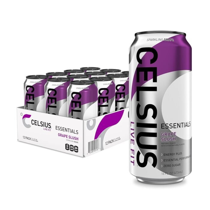 Celsius Essentials Sparkling Grape Slush Sugar-Free Energy Drink, 270mg Caffeine, 16 fl oz Cans, 12-Pack