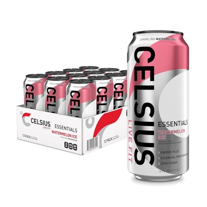 Celsius Essentials Sparkling Watermelon Ice Sugar-Free Energy Drink, 270mg Caffeine, 16 fl oz Cans, 12-Pack