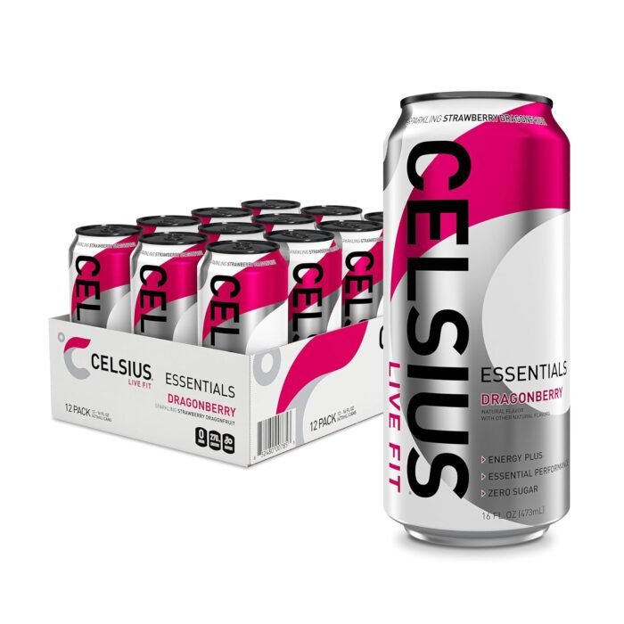 Celsius Essentials Sparkling Dragonberry Sugar-Free Energy Drink, 270mg Caffeine, 16 fl oz Cans, 12-Pack