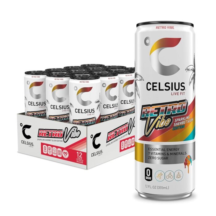 Celsius Retro Vibe Sparkling Sherbet Slush Sugar-Free Energy Drink, 200mg Caffeine, 12 fl oz Cans, 12-Pack