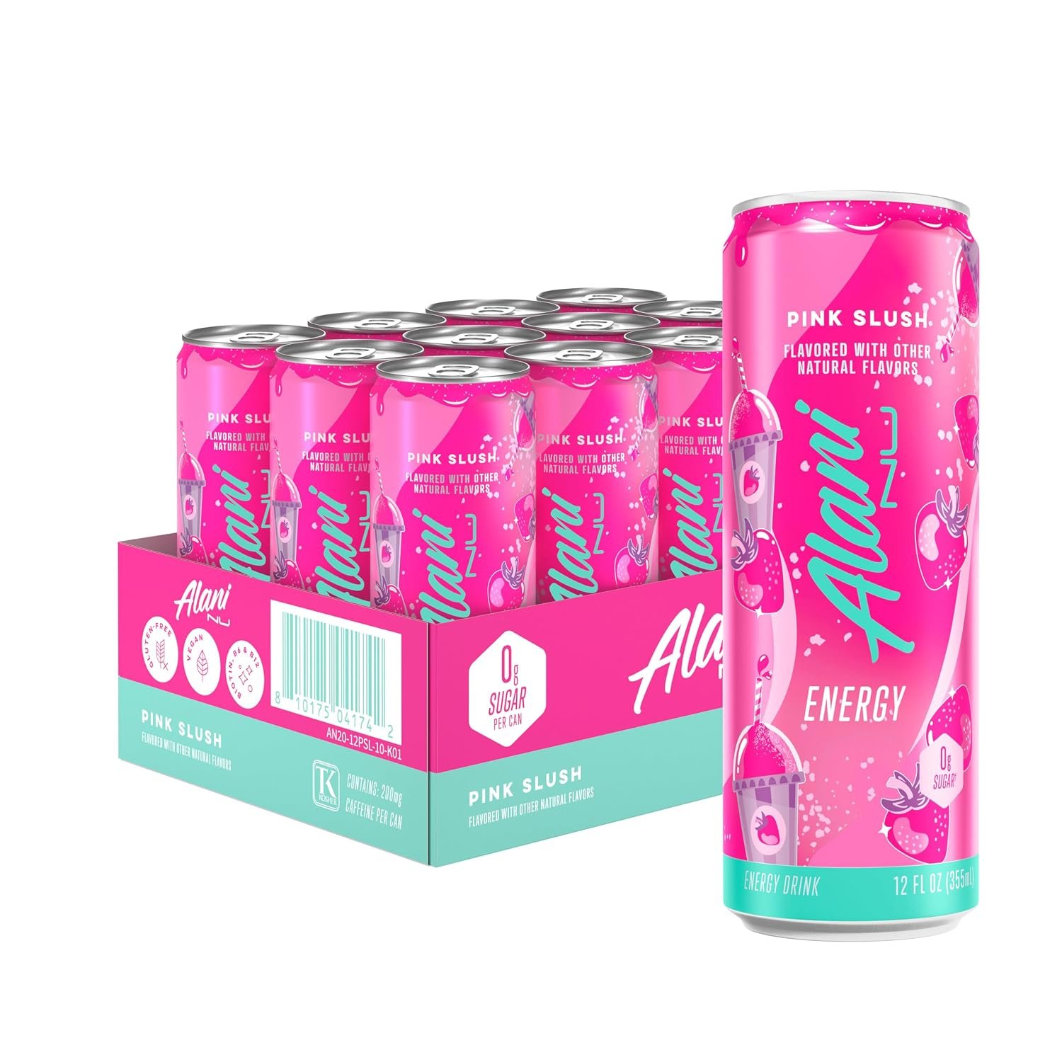8187EQ4bK7L._SL1500_.jpg Alani Nu Pink Slush Sugar-Free Energy Drink, 200mg Caffeine, 12 fl oz Cans, 12 Count