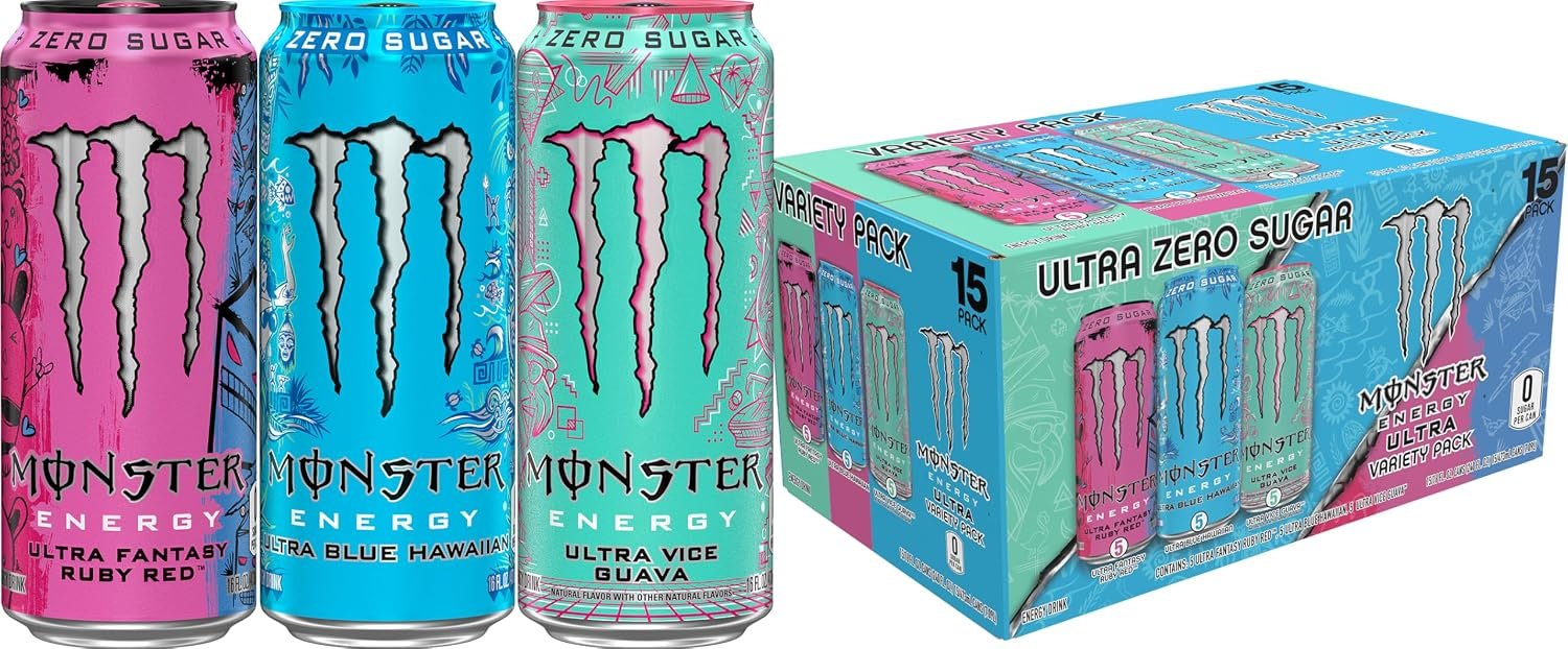 81A3bxy3vOL._SL1500_.jpg Monster Energy Ultra Variety Pack (Blue Hawaiian, Vice Guava, Fantasy Ruby Red) Sugar-Free Energy Drink, 16 fl oz Cans, 15-Pack