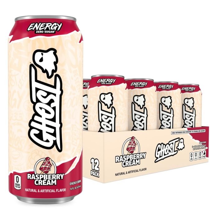 GHOST Energy Drink, Raspberry Cream Flavor, 200mg Caffeine, Zero Sugar, 16 oz Cans, 12-Pack