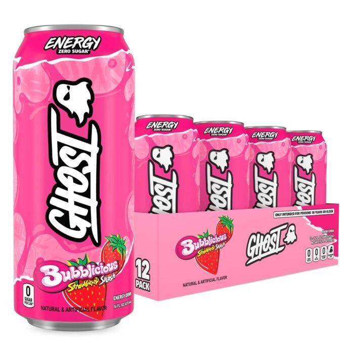 GHOST Energy Drink, Bubblicious Strawberry Splash Flavor, 200mg Caffeine, Zero Sugar, 16 oz Cans, 12-Pack