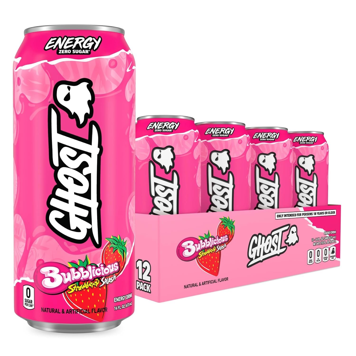 81EHLY4n56L._SL1500_.jpg GHOST Energy Drink, Bubblicious Strawberry Splash Flavor, 200mg Caffeine, Zero Sugar, 16 oz Cans, 12-Pack
