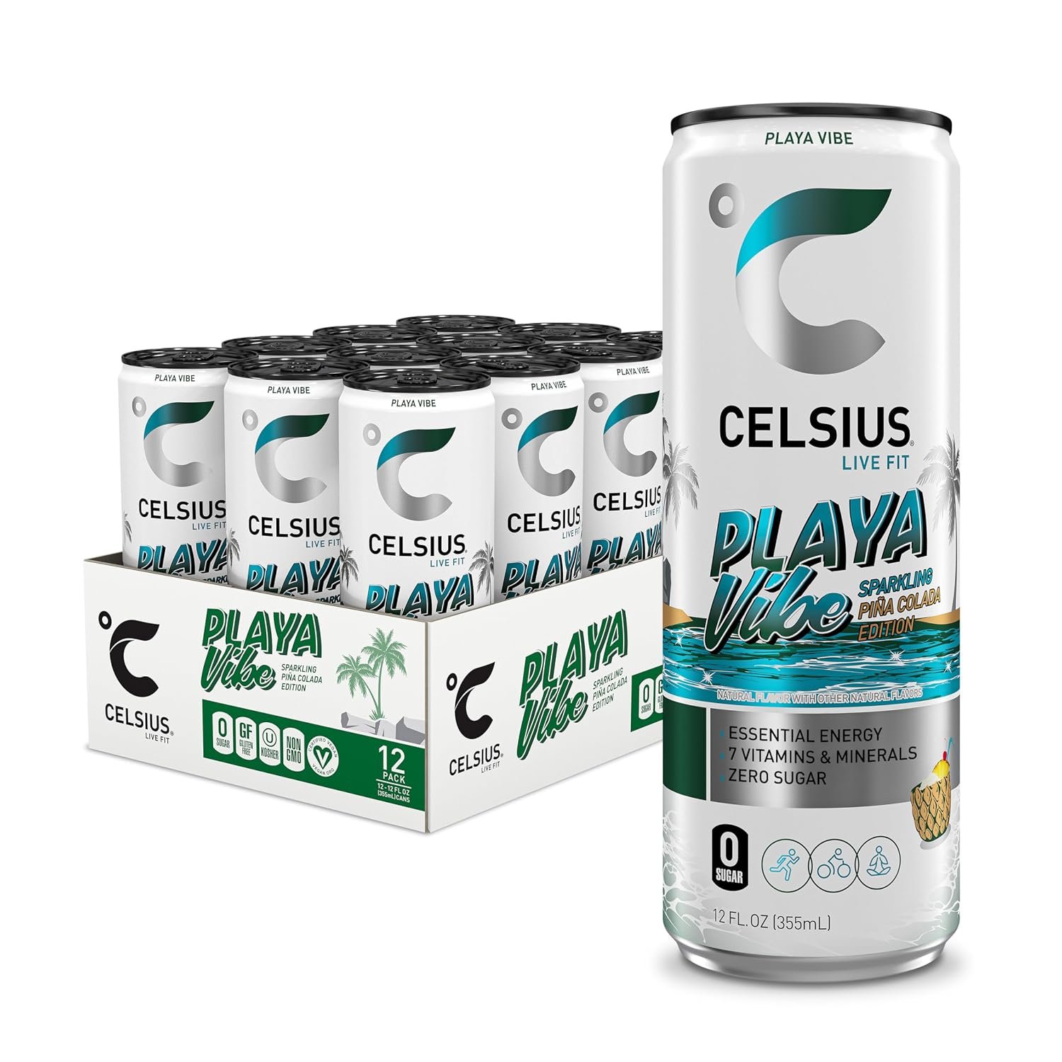 81Fic23L14L._SL1500_.jpg Celsius Playa Vibe Sparkling Pina Colada Sugar-Free Energy Drink, 200mg Caffeine, 12 fl oz Cans, 12-Pack