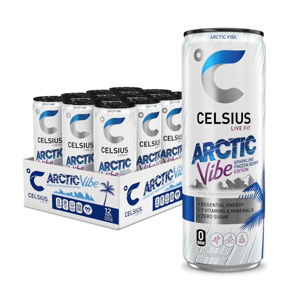 Celsius Arctic Vibe Sparkling Frozen Berry Sugar-Free Energy Drink, 200mg Caffeine, 12 fl oz Cans, 12-Pack