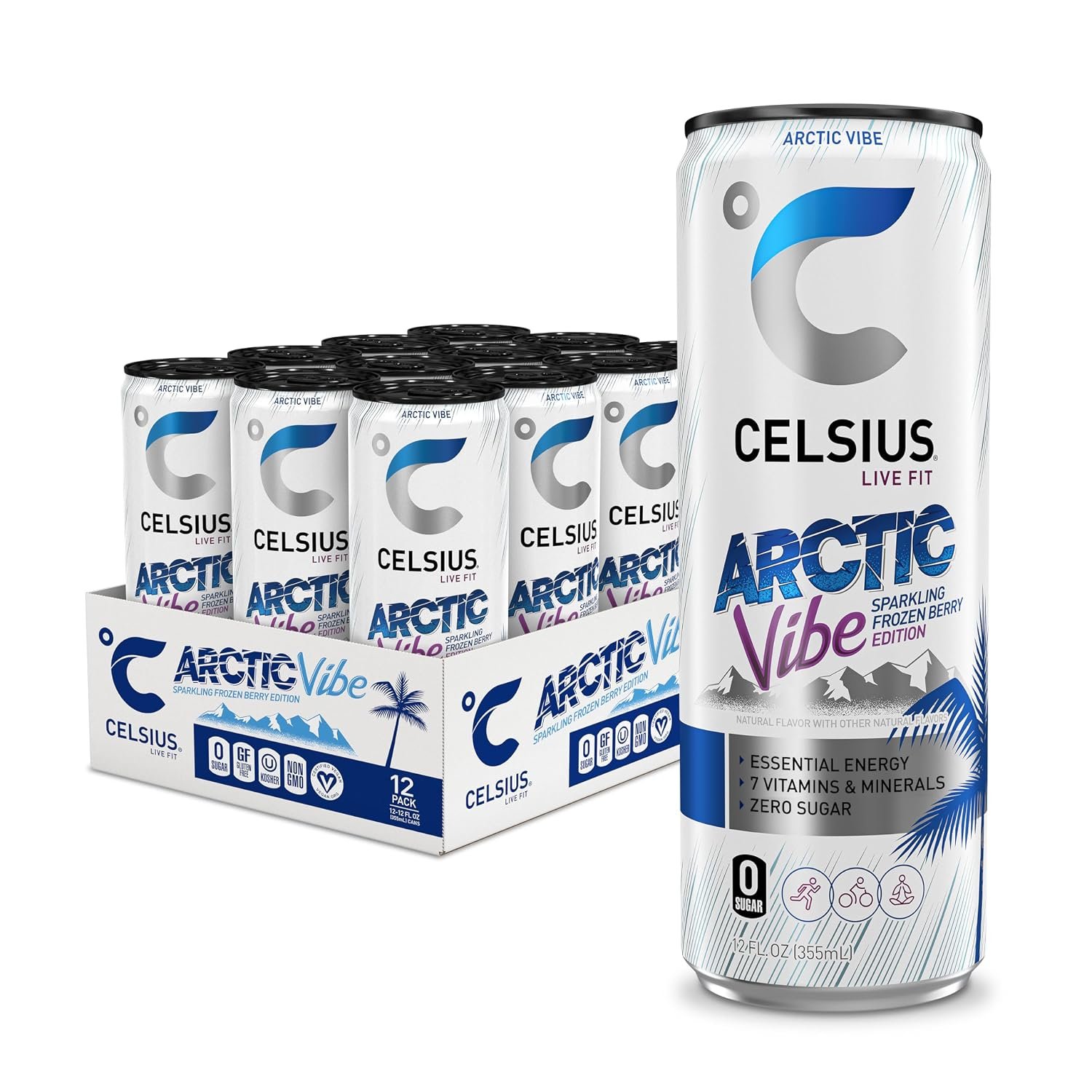 Celsius Arctic Vibe Sparkling Frozen Berry Sugar-Free Energy Drink, 200mg Caffeine, 12 fl oz Cans, 12-Pack