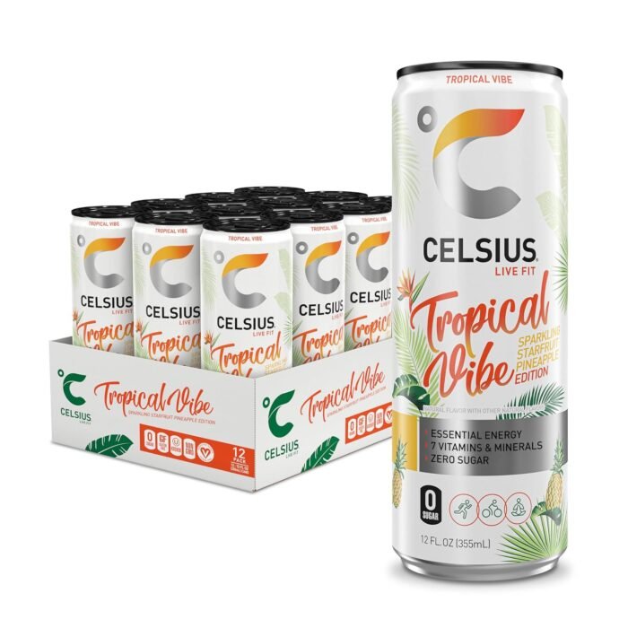 Celsius Sparkling Tropical Vibe Sugar-Free Energy Drink, 200mg Caffeine, 12 fl oz Cans, 12-Pack