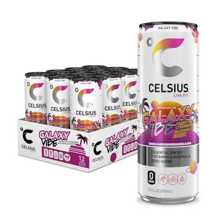 Celsius Galaxy Vibe Sparkling Strawberry Watermelon Sugar-Free Energy Drink, 200mg Caffeine, 12 fl oz Cans, 12-Pack