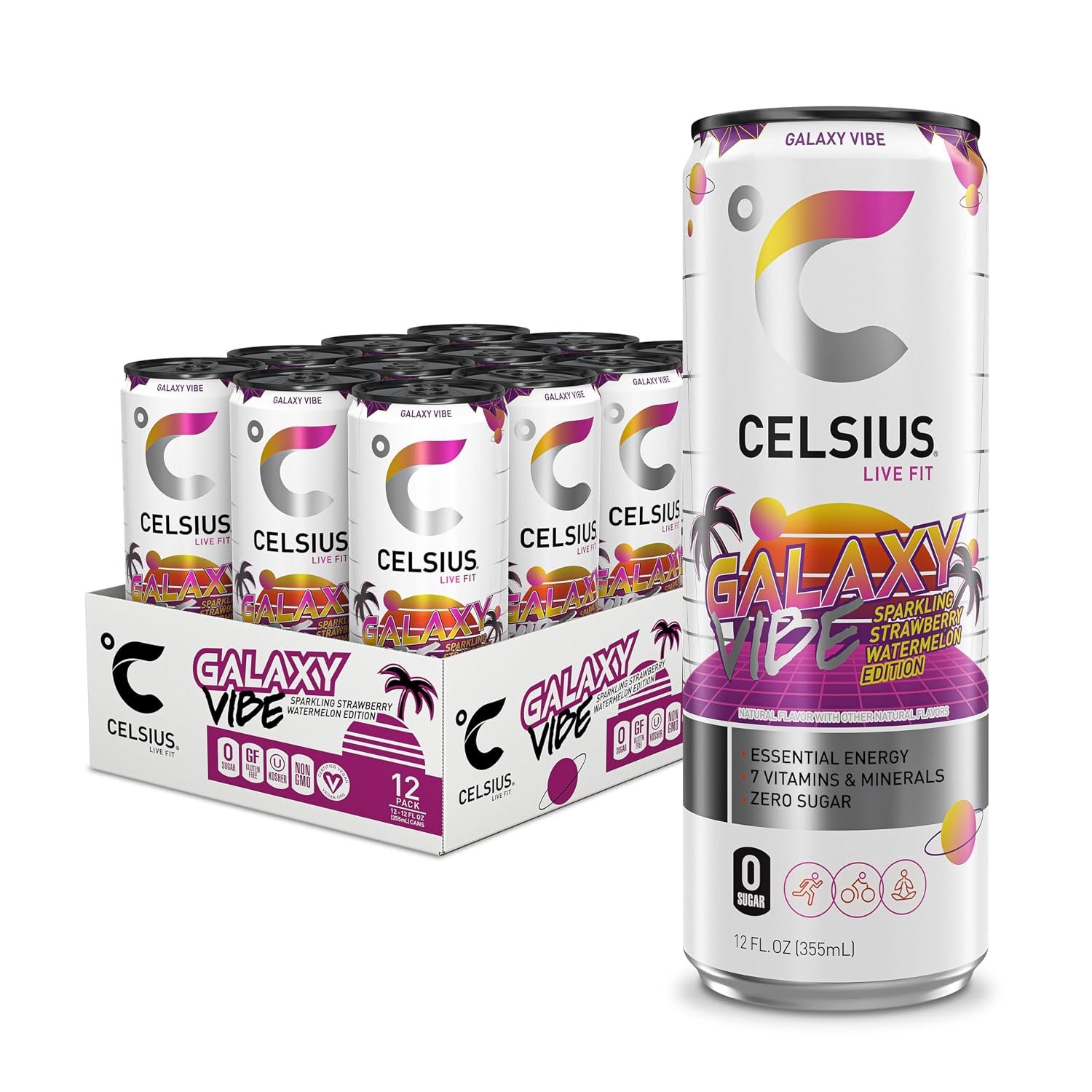 81Y9kZBzSVL._SL1500_.jpg Celsius Galaxy Vibe Sparkling Strawberry Watermelon Sugar-Free Energy Drink, 200mg Caffeine, 12 fl oz Cans, 12-Pack