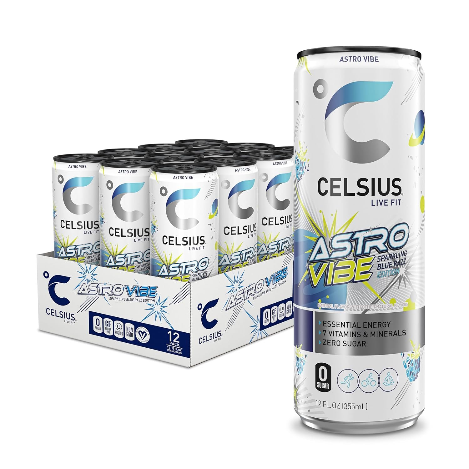 81dWwfbFcqL._SL1500_.jpg Celsius Astro Vibe Sparkling Blue Razz Sugar-Free Energy Drink, 200mg Caffeine, 12 fl oz Cans, 12-Pack