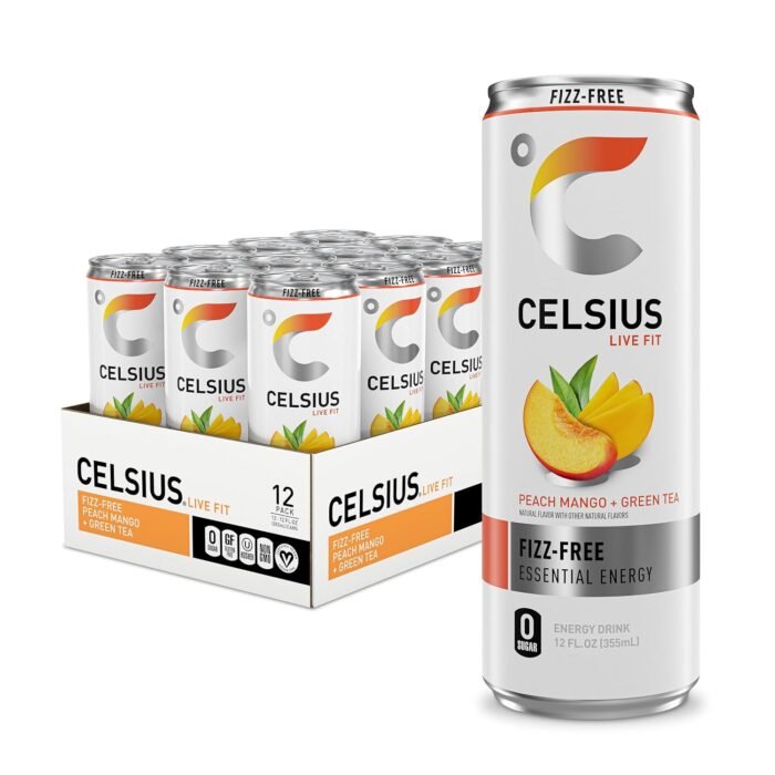 Celsius Fizz Free Peach Mango Green Tea Sugar-Free Energy Drink, 200mg Caffeine, 12 fl oz Cans, 12-Pack