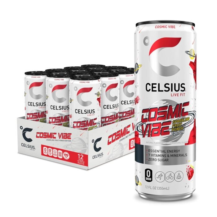 Celsius Cosmic Vibe Sparkling Fruit Punch Sugar-Free Energy Drink, 200mg Caffeine, 12 fl oz Cans, 12-Pack